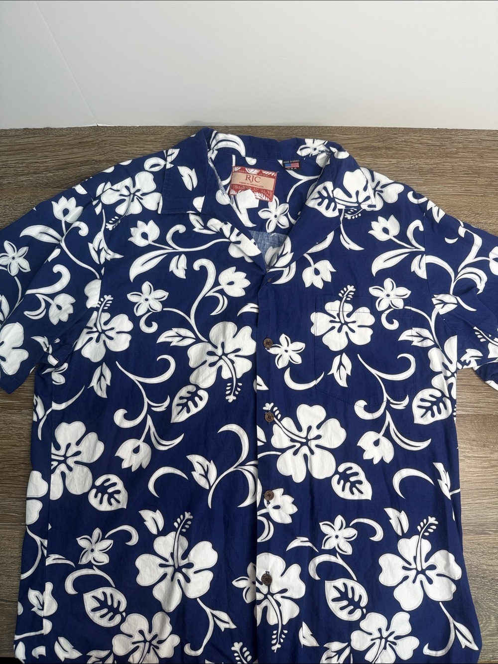 RJC Hawaiian Shirt Blue White Floral Made in Hawaii USA Size Large